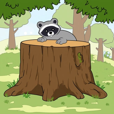 A small raccoon kit with soft gray fur and a distinctive black mask around its eyes is peeking out from behind a large, rough-textured tree stump. The kit's bright eyes are wide with curiosity, and its tiny paws are resting on the edge of the stump. Sunlight filters through the leafy canopy above, casting dappled light onto the ground, which is covered with patches of green grass and fallen leaves. The tree stump is covered in moss and burrowed with small insects, adding to the lively scene. In the background, there are hints of other trees and a few wildflowers poking up from the forest floor.