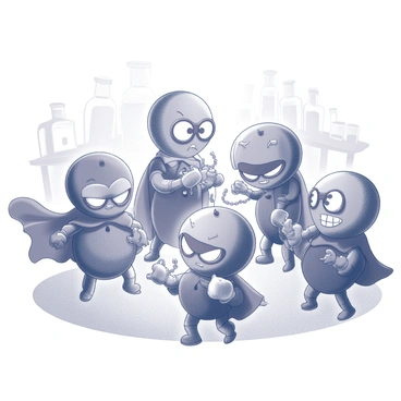A group of bacteria characters designed with exaggerated features and expressions. Each character wears a unique villainous costume, such as capes, masks, and armor. The bacteria have distinct shapes, ranging from rod-like to spherical, and are animated with dynamic poses that convey a sense of mischief. The scene includes a backdrop of a stylized laboratory with test tubes and petri dishes, enhancing the comic book feel. Each character's costume includes dramatic elements like spikes, chains, or Gothic motifs, emphasizing their villainous nature. The characters interact with each other in a manner that suggests camaraderie in their mischievous schemes.