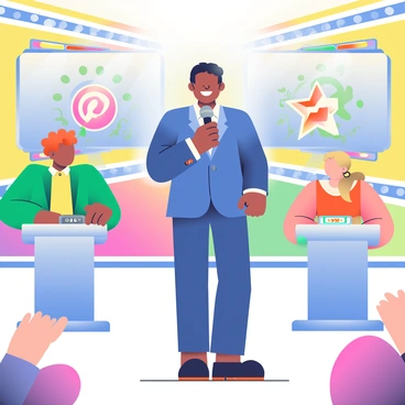 A vibrant game show set is brightly lit with colorful lights and large screens displaying the show's logo. The host, with short black hair and wearing a shiny blue suit, is standing in the center, holding a microphone in his right hand and smiling at the audience. There are three contestants at podiums to the left and right, each with a unique design. The first contestant has short red hair and is wearing a yellow shirt, while the second contestant has curly brown hair and is dressed in a green blazer. The third contestant has long blonde hair tied back and is wearing an orange dress. Each podium features colorful buttons and a digital display showing their scores. The audience is visible in the background, cheering enthusiastically.