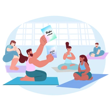 A yoga class is taking place in a spacious studio with wooden floors and large windows letting in soft light. Several participants are in various yoga poses, demonstrating focus and balance. In the center, one participant is kneeling on a yoga mat, holding up a colorful paper displaying a "refer-a-friend" offer, showing it to another participant who is sitting cross-legged nearby. The second participant is looking at the paper with interest, dressed in comfortable yoga attire. Around them, other class members are also engaged in their practice, creating a sense of community and connection.
