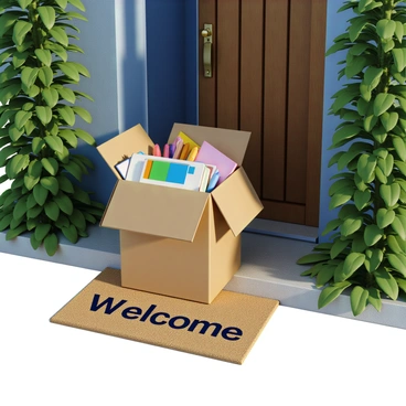 A delivery box is placed at the front door of a modern house. The box is cardboard and slightly open, revealing various digital art tools inside. Among the tools are several colorful stylus pens, a graphic tablet with a sleek design, and a sketchbook with a vibrant cover. The door is wooden, painted in a deep blue color, and has a brass doorknob. Lush green plants flank the entrance, adding to the welcoming atmosphere of the scene. The delivery box is surrounded by a small welcome mat that reads "Welcome" in elegant lettering.