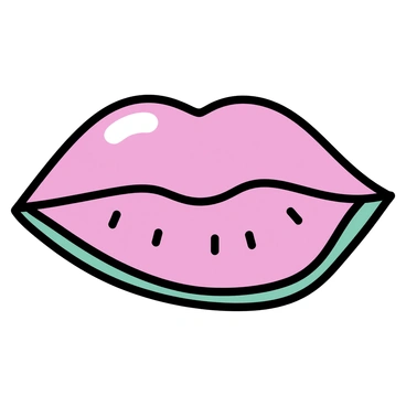 A pair of lips, painted in vibrant shades of pink and green, resembling the texture and colors of a sliced watermelon. The pink area simulates the fruit's flesh, while the green represents the rind. The lips are glossy, reflecting light, with small black seeds painted randomly on the pink surface to enhance the resemblance to a watermelon slice.