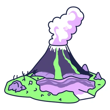 A volcano is erupting in the foreground, with a large plume of smoke and ash billowing into the sky. The cone of the volcano is steep and rugged, showing signs of recent activity. Below the volcano, a subduction zone is visible, with tectonic plates shifting against each other. Magma is flowing down the sides of the volcano, forming bright rivulets that contrast with the dark volcanic rock. In the surrounding area, there are rocky formations and sparse vegetation, hinting at the harsh environment created by the volcanic activity.