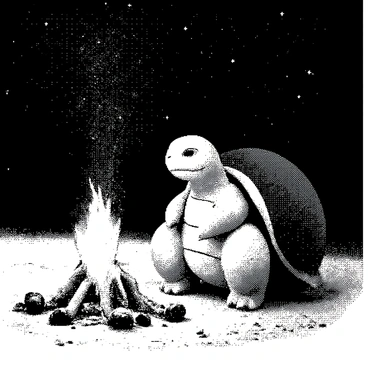 A Blastoise is sitting by a campfire, with its large shell and distinct features clearly visible. The fire is crackling, casting flickering shadows around. Above, the night sky is filled with numerous stars, twinkling delicately. The scene conveys a sense of warmth and tranquility as Blastoise gazes at the fire, with its arms resting on its knees. The surrounding ground is scattered with small rocks and patches of grass, adding to the natural outdoor setting.
