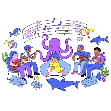 A cartoon illustration of an orchestra composed of various sea creatures. In the center, a large octopus conducts with its tentacles waving gracefully. Surrounding the octopus are musicians, including a school of colorful fish playing instruments, such as a trumpet and a violin. A playful dolphin strums on a guitar, while a sea turtle plays the drums. In the background, herring swim around, forming a swirling pattern that resembles musical notes. The scene is vibrant, with coral reefs and underwater plants adding to the lively atmosphere.