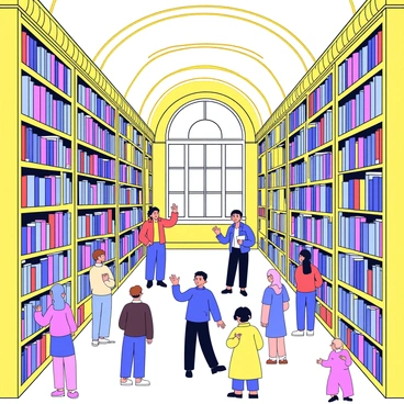 A spacious librairie with tall, elegant bookshelves filled with books of various colors and sizes. Visitors are scattered throughout the room, some standing in front of the shelves, admiring the architecture of the high arched ceilings and intricate moldings. A large window allows natural light to shine in, creating warm highlights on the wooden floor. Some visitors are discussing their favorite books while others are quietly reading. A guide stands at the center, gesturing towards a particularly ornate section of the bookshelves, engaging with the group.