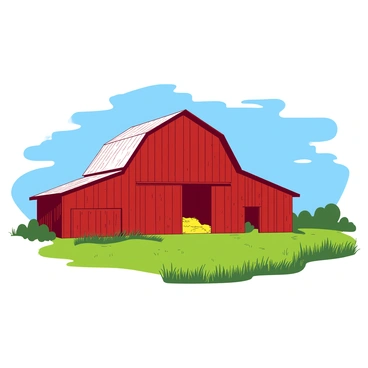 A red barn with a weathered wooden texture is positioned prominently in the center of a wide open field. The barn features a slanted roof and sliding doors that are slightly ajar, revealing glimpses of hay inside. Surrounding the barn, the field is lush with tall green grass swaying gently in the breeze. In the background, there is a clear blue sky, stretching above, with a few fluffy white clouds scattered across it. The scene conveys a sense of tranquility and rural charm.