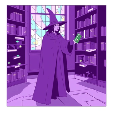 A purple witch wearing a long cloak adorned with silver stars is standing in a grand library surrounded by floating wooden shelves. The shelves are filled with various ancient books, their spines illuminated with golden lettering. The witch is reaching out with her right hand to pull down a green book that glows softly. A few books are gently hovering in the air, as if momentarily paused in their flight. The library's walls are lined with dark wood paneling, and there's a large stained glass window letting in beams of light, casting colorful patterns on the floor.