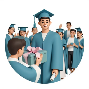 A young graduate, wearing a blue cap and gown, stands on a stage with a wide smile on their face. They are holding a diploma in one hand and have a look of pride in their eyes. In front of them, a family member is presenting a beautifully wrapped gift with a large bow. The background features a crowd of fellow graduates and excited family members, some of whom are clapping and taking photos, capturing this memorable moment of celebration and achievement.