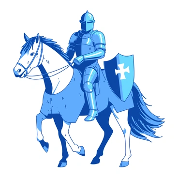 A blue medieval knight in shining armor is confidently mounted on a white battle-ready horse. The knight's armor reflects the light, showcasing intricate designs and engravings. The horse appears strong and well-groomed, with its mane flowing in the wind. The knight grips the reins tightly, and a shield emblazoned with a crest hangs by the horse's side. The scene conveys a sense of readiness and valor in a moment of anticipation.