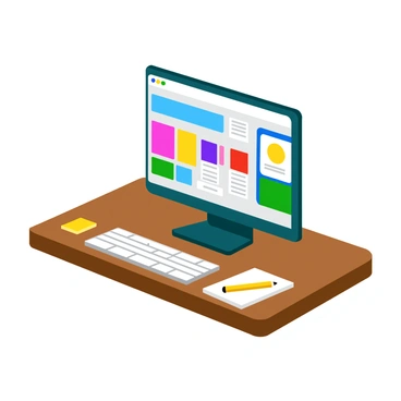 A computer screen displaying a variety of app designs. Each app design features different user interface options, including colorful buttons, vibrant icons, and distinct layouts. The screen is filled with multiple windows, showcasing diverse styles such as minimalist, playful, and modern themes. Bright colors are used prominently in the user interfaces, enhancing the overall visual appeal of the screen. The computer is sitting on a wooden desk with a few scattered notepads and a pencil nearby.