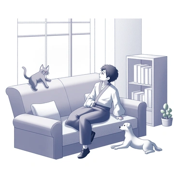 A room with warm lighting and a cozy atmosphere. "Sukuna" is seated comfortably on a plush sofa, wearing traditional clothing. To his left, a "playful cat" is perched on the armrest, with its tail curled and ears perked up in curiosity. To his right, a "dog" is lying on the floor, looking up at Sukuna with a playful expression, its tongue out. The surrounding decor includes soft cushions, a small bookshelf filled with books, and a potted plant in the corner, adding to the homey feel.