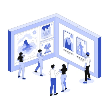 An online gallery displaying a collection of digital illustrations. The gallery features several artwork pieces presented in individual frames on the walls. Each illustration exhibits intricate designs and vibrant details, showcasing various subjects like animals, landscapes, and abstract shapes. The layout includes labels beneath each piece, providing titles and artist names. The gallery space has a modern aesthetic, with sleek lighting illuminating the artworks and a polished floor reflecting the displayed images. Visitors are seen interacting with the pieces, some admiring closely while others discuss their favorites.