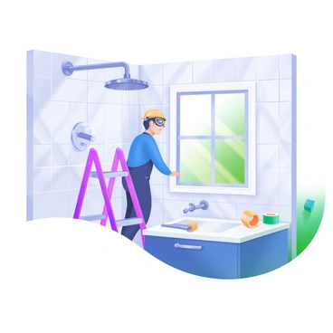 An installer is in the process of fitting a modern shower head in a tiled bathroom. The bathroom features glossy white tiles with a subtle pattern, creating a clean and fresh appearance. The installer, wearing a blue uniform and safety goggles, is standing on a small ladder to reach the height of the shower fixture. Tools are arranged neatly on a nearby countertop, including a wrench, a screwdriver, and a roll of plumber's tape. Sunlight streams through a small window, illuminating the space and highlighting the sleek design of the shower head, which has a polished chrome finish.