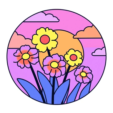 A group of ranunculus flowers is silhouetted against a vivid sunset. The flowers have layered petals with a rounded shape and vary in size. The sunset displays a gradient of colors, transitioning from deep orange to bright pink and soft purple. The sun is partially visible, casting a warm glow behind the flowers. The background is an expanse of sky, filled with wispy clouds that reflect the colors of the sunset.
