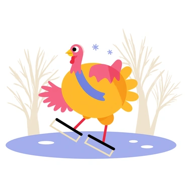 A cartoon turkey with vibrant red and orange feathers is wearing a bright blue scarf. The turkey is joyfully ice skating on a smooth, frozen pond. Surrounding the pond are snow-covered trees with white branches glistening in the light. The turkey has a big smile on its face, and its wings are outstretched as it glides gracefully across the ice. A few snowflakes are gently falling from the sky, adding to the winter atmosphere.