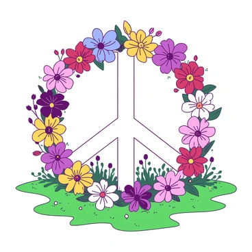 A white peace symbol is formed by an arrangement of colorful flowers in full bloom, showcasing a variety of shapes and sizes. The flowers are vibrant and lush, creating a striking contrast against the background. Surrounding the symbol, a green grassy field stretches out, dotted with a few delicate wildflowers. The sunlight bathes the scene, enhancing the vividness of the flowers and making the peace symbol stand out prominently in the landscape.