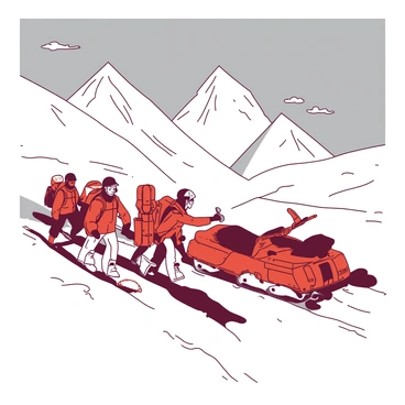 A white snowy mountain landscape is filled with a sense of urgency as operators work diligently on a rescue operation. A team of four rescue workers, dressed in bright red jackets and white snow gear, is seen navigating through the thick snow, carrying rescue equipment. One of the operators, a woman with a red backpack, is using a radio, communicating with her team. Nearby, a large orange snowmobile is parked at an angle, with its engine still running, ready for quick deployment. In the background, there are towering snow-covered peaks, and a stormy gray sky looms overhead, adding to the sense of time running out. The scene captures the focus and determination of the operators as they strive to save lives amidst challenging conditions.