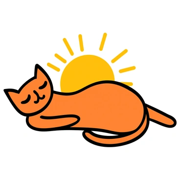 An outline of a cat with curved features, lounging comfortably in a sunbeam that creates a warm, golden glow around it. The cat has its eyes half-closed, suggesting a relaxed state. The fur is depicted as smooth and sleek, and the tail is curled around its body. The sunbeam casts soft shadows, enhancing the peaceful atmosphere of the scene.