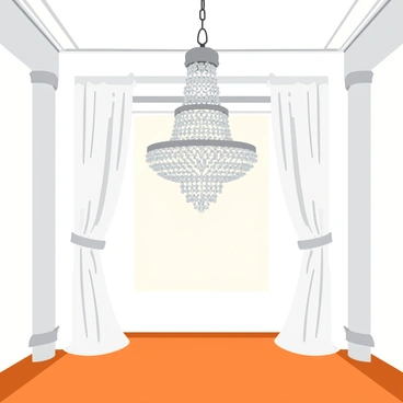 A grand chandelier with multiple tiers made of sparkling crystals hangs from the center of a high-ceilinged room. The chandelier features intricate metalwork and glimmers with reflections of light. The room is adorned with elegant white walls and ornate moldings, and has a polished wooden floor that enhances the luxurious feel. Soft lighting emanates from the chandelier, casting a warm glow across the space. Elegant drapes frame tall windows, adding to the opulent atmosphere of the setting.