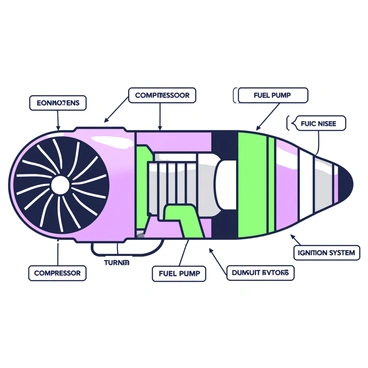 A jet engine is displayed prominently, showcasing its various components. Each part is labeled clearly in a bold font. The engine features a large circular front intake, leading to a series of fan blades visible through the casing. The outer shell is segmented into sections, revealing the combustion chamber along with the turbine and exhaust nozzle. The fuel lines run alongside the engine, and there are multiple small labels pointing to the different components, such as the compressor, fuel pump, and ignition system. The entire engine is outlined in green and purple to enhance visibility and highlight the details.
