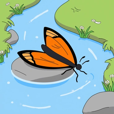 A colorful butterfly with bright orange and black wings is perched on a smooth rock beside a gently flowing stream. The wings of the butterfly are slightly open, showcasing intricate patterns. The stream glistens under the sunlight, with small ripples and sparkling water droplets. Nearby, lush green grass and a few delicate wildflowers frame the scene, adding pops of color. The atmosphere is calm, emphasizing the beauty of nature surrounding the butterfly as it sips water from the stream.