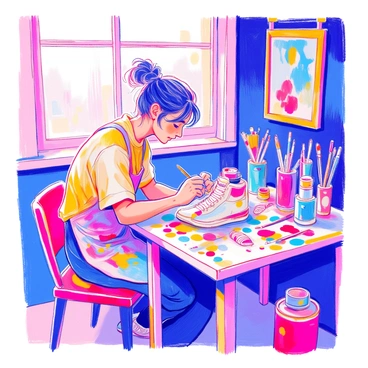 An artist is seated at a small table in a bright, well-lit room. The artist is focused on customizing a plain pair of Air Jordans with vibrant colors. The artist is holding a brush in one hand, while various paint tubes and brushes are scattered around the table. The sneakers are positioned prominently on the table, showcasing their white canvas ready for transformation. Colorful paint splatters are visible on the artist's apron and nearby surfaces, indicating a creative process in action. The walls are adorned with frames displaying the artist's previous work.