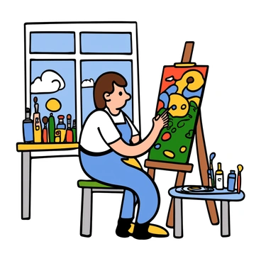 A student with light skin and short brown hair is seated at an easel in a bright art classroom. The student is wearing a blue apron over a white t-shirt and is focused on painting a colorful abstract canvas. The canvas features vibrant splashes of red, yellow, blue, and green, with swirling patterns and bold brush strokes. The surrounding space includes art supplies like paint tubes, brushes, and palettes scattered on a table, contributing to the creative atmosphere. A window in the background offers a glimpse of a sunny day outside.