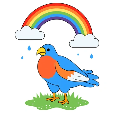A big bird standing proudly under a bright rainbow after a light rain