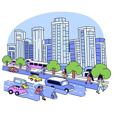 A dynamic urban cityscape featuring tall skyscrapers with glass facades reflecting sunlight. The buildings vary in height and design, creating an interesting skyline. Below, bustling streets filled with small cars and buses are visible. Pedestrians are walking along the sidewalks, some holding shopping bags. There are green trees planted along the street, adding a touch of nature to the city environment. The sky is a clear blue, enhancing the vibrancy of the scene on the illustration board.