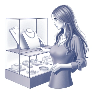 A woman stands in a jewelry store, closely examining a necklace displayed inside a glass case. She has long flowing hair and is dressed in elegant attire. Her expression shows focus and appreciation as she gazes at the necklace. The display case is filled with various pieces of jewelry, including rings, bracelets, and other necklaces, each glimmering under the store's lighting. The woman's hand gently rests on the case as she contemplates her selection. The background features more displays of jewelry, highlighting the luxurious atmosphere of the store.