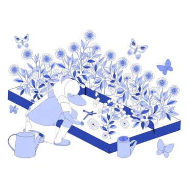 A garden is filled with an abundance of blooming flowers in various shapes and sizes. The flowers are arranged in neat rows, showcasing their intricate petals and leafy greens. In the center of the garden, a gardener is kneeling beside a rose bush, carefully pruning the stems with a pair of shears. The gardener is dressed in a wide-brimmed hat and gloves, focused on their work. There is a watering can nearby, resting on the ground. Surrounding the gardener, butterflies flutter around the flowers, adding life to the serene setting.