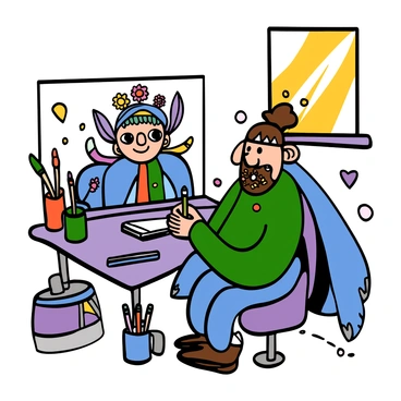 An artist sitting at a drawing table, sketching a fantasy character with large expressive eyes. The character has vibrant, colorful attire made up of flowing fabrics in shades of blue, green, and purple. The artist is using pencils and markers to add detail to the character's intricate accessories, such as beaded jewelry and feathers. The scene is filled with art supplies, and a bright sunlight is streaming through a window, illuminating the character design.