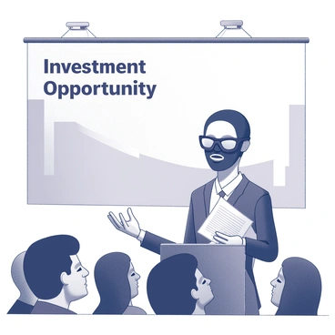 A stage with a spotlight focused on a figure wearing a sleek, black mask. The figure stands confidently at a podium, gesturing with one hand while holding a stack of documents in the other. A large banner behind the figure displays the words "Investment Opportunity" in bold letters. The audience, partially visible in the foreground, appears engaged and curious, with faces turned towards the presenter. The backdrop features a simple, abstract design that adds to the formal atmosphere of the presentation.