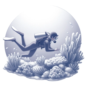 A diver is submerged in water, surrounded by intricate coral formations. The diver is wearing a wetsuit and has an oxygen tank on their back. Various types of coral can be seen around them, showcasing their unique shapes and textures. The diver is observing the coral closely, with small fish darting in and out of the coral structures. Sunlight filters through the water, creating dappled effects on the scene.