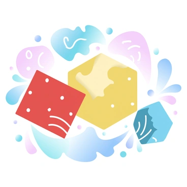 A composition filled with large, bold geometric shapes in various sizes. The shapes feature a variety of vibrant colors including red, blue, yellow, and green, creating a lively contrast. Patterns within the shapes include stripes, polka dots, and swirling lines in differing hues. The background consists of a smooth gradient blending pastel tones, enhancing the visual impact of the bold shapes in the foreground.