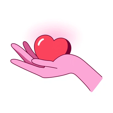 A pink hand is gently holding a red glowing heart. The heart emits a soft light that casts a warm glow on the hand, highlighting its delicate features. The hand is slightly cupped, conveying a sense of protection as it cradles the heart. The background is softly blurred, allowing the focus to remain on the hand and the heart, symbolizing care and understanding for one's innermost being.