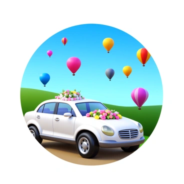 A wedding car adorned with floral decorations is parked in a picturesque setting. Colorful hot air balloons in various shapes and sizes are floating gracefully in the background. The sky is bright blue, providing a perfect backdrop for the vibrant colors of the balloons. The car's glossy finish reflects the sunlight, enhancing its elegance. The scene captures a joyous celebration atmosphere.