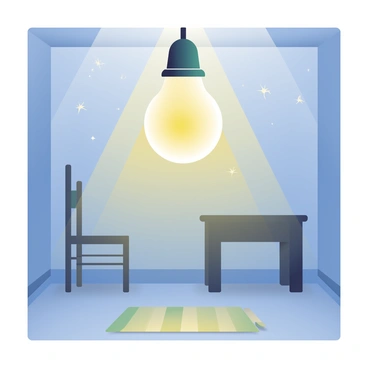 A single lightbulb with a warm, golden glow is hanging from the ceiling in a dimly lit room. The lightbulb is surrounded by a black metal fixture, and its light casts soft shadows on the walls. The room is sparsely furnished, with an old wooden table visible in the corner and a faded rug on the floor. The walls have a textured finish, and a subtle pattern can be seen where the light creates highlights. Dust particles float in the air, illuminated by the light from the bulb.