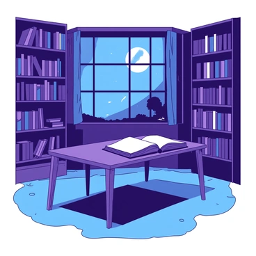An old library features large windows that allow moonlight to stream in. The shelves are filled with rows of books, and the covers of the books glow softly under the gentle illumination of the moonlight. In the center, there is a wooden table with a few open books, their pages slightly fluttering. The room is adorned with rich wood paneling, and a plush, deep blue carpet covers the floor, enhancing the tranquil atmosphere of the library.