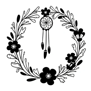A circular wreath composed of assorted wildflowers in various shapes and sizes. Strands of delicate feathers hang from the wreath, interspersed among the flowers. In the center, there is a dreamcatcher element featuring an intricate web and dangling beads. The overall composition is filled with natural textures and flowing lines, creating a harmonious arrangement.