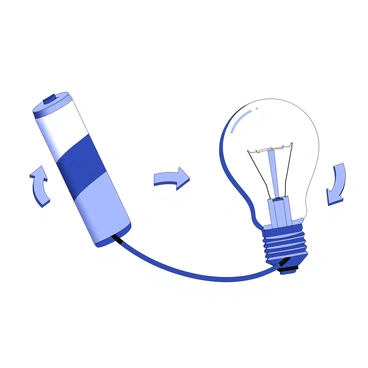 A simple circuit is depicted, featuring a battery connected to a light bulb. The battery is shown with two terminals, a positive and a negative end. Wires extend from each terminal and connect to the base of the bulb. The bulb is illuminated, showcasing a glowing filament inside. Arrows are illustrated to indicate the flow of electricity moving from the battery to the bulb. The overall composition is clear and instructional, focusing on the relationship between the components in the circuit.