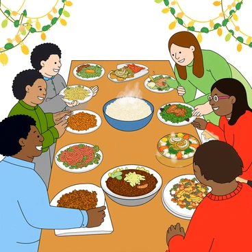 A long wooden table is set with a variety of colorful dishes. There are plates filled with pasta, vibrant salads, and steaming curry. A large bowl of rice sits at the center, accompanied by a platter of grilled vegetables. Around the table, a group of people includes a man with curly black hair wearing a blue shirt, a woman with straight brown hair in a green dress, and a person with glasses and a red sweater. They are smiling and engaged in conversation while passing dishes to one another. The background is filled with festive decorations, enhancing the atmosphere of sharing and joy.