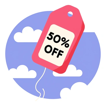 A large balloon shaped like a "price tag" is floating in a blue sky. The balloon features a bright red color with a white border and a string attached to its base. Fluffy white clouds surround the balloon, enhancing the sense of height and openness. The price tag design includes a bold, black "50% OFF" text on the front, making it easily visible against the vibrant background. The overall scene conveys a playful and whimsical atmosphere.