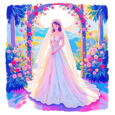 A stunning bridal dress with a flower-veil design, showcased in a romantic outdoor wedding scene.