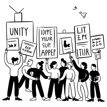 A group of diverse individuals gathered together, holding signs that read "Unity" and "Acceptance" prominently. The signs feature bold lettering and are raised high above their heads. People are wearing casual clothing, some with jeans and t-shirts, others in comfortable summer attire. The participants are standing together in a unified stance, showing solidarity. The scene is filled with a sense of purpose, as they stand on a city street with buildings in the background. A few symbols of peace are visible among the signs, such as doves or olive branches.