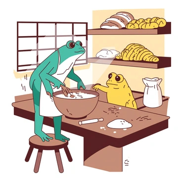 A teal frog and a yellow toad are working together in a cozy bakery. The frog is standing on a stool, wearing a small apron, and is stirring a large mixing bowl filled with dough. The toad, also wearing an apron, is kneading a ball of dough on a wooden countertop. Shelves behind them are filled with freshly baked bread and pastries, including golden croissants and round loaves. Sunlight streams through a window, illuminating the warm and inviting interior of the bakery. There are various baking tools, such as flour sacks and rolling pins, scattered around the workspace.