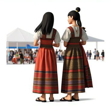 Two women standing at a distance, wearing traditional dresses that feature intricate patterns and vibrant colors. One woman has long, flowing black hair adorned with a decorative headpiece, while the other has her hair tied back, revealing an elegant necklace. They are both gazing towards a convention in the distance, their expressions reflecting curiosity and interest. The background shows a bustling outdoor setting with a large tent and a crowd of people engaged in activities. The women stand close together, contributing to a sense of camaraderie as they observe the event.