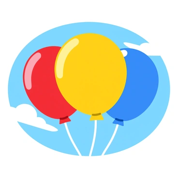 A cluster of helium balloons in pairs of matching colors, including bright red, cheerful yellow, and vibrant blue. Each balloon has a shiny, smooth surface that reflects sunlight. The balloons are tethered together by thin strings, and they float gently in a clear blue sky with a few wispy white clouds drifting by. The scene captures the playful essence of the balloons as they sway slightly in the breeze.