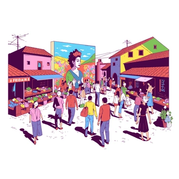 A vibrant Mexican village scene filled with people walking around the central plaza. Colorful market stalls line the streets, showcasing traditional crafts and fresh produce. In the center, there is a large mural created by "Frida Kahlo" that features her signature style, with bold colors and intricate designs. Surrounding the mural, local villagers gather, some admiring the artwork while others chat animatedly. Brightly painted buildings with terracotta roofs provide a charming backdrop to the lively atmosphere, filled with the essence of Mexican culture.